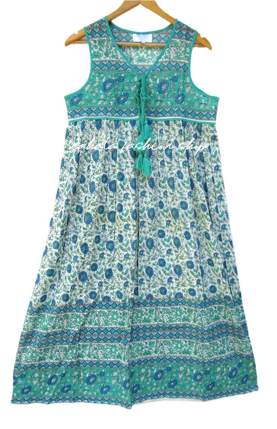 teal green floral screen printed summer maxi dress - v neckline with tassel long cotton dress - sleeve less bohemian maxi