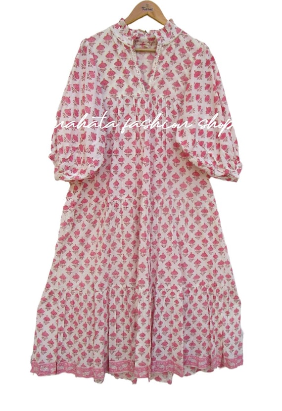 Beautiful Pink Printed Maxi Dress - V Neckline with Pom Pom Lace Maxi Dress - 3/4th Sleeve with Buttons Maxi Dress