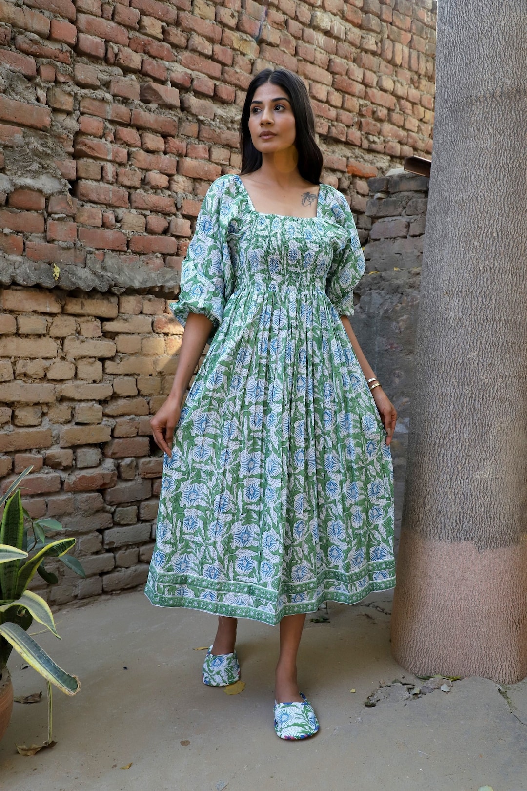 blue and green print dress Thats So Fetch | Erika Maxi Dress | Green Floral main image 0