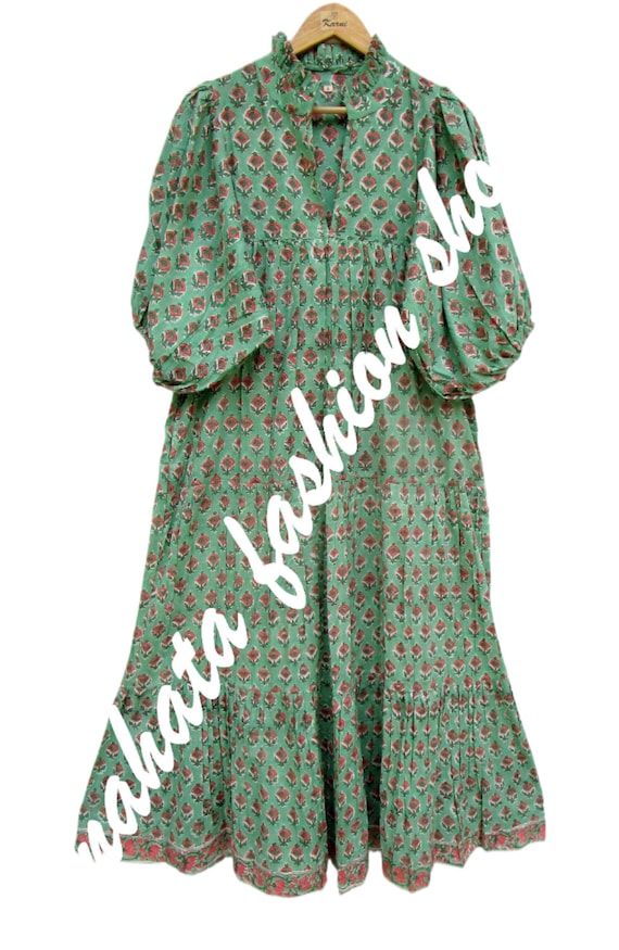 Green Pink Floral Printed Cotton Long Maxi Dress - V Neckline Maxi Dress - 3/4th Sleeve with Button Maxi Dress