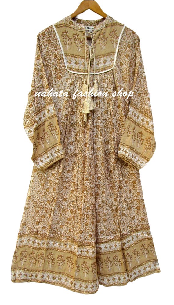 Handmade Boho Summer Dress – Lightweight Sand Floral Rayon Dress with Tassels – Flowy Cottagecore Sundress