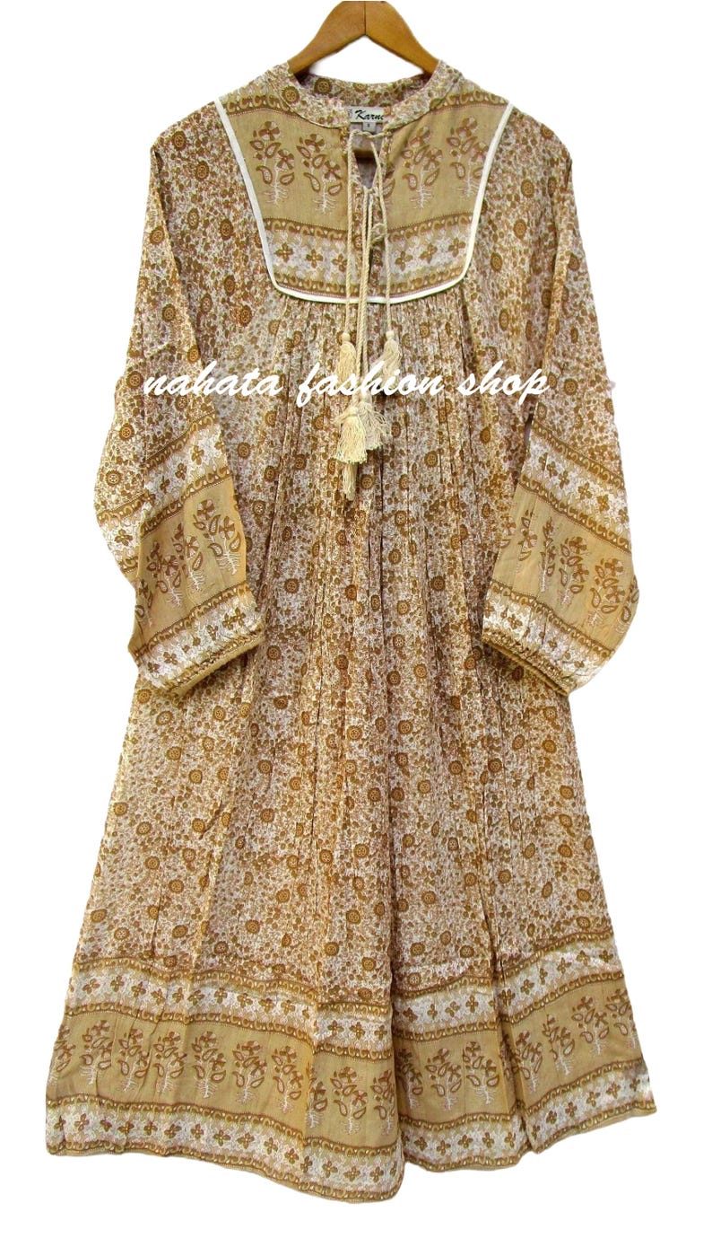 Handmade Boho Summer Dress – Lightweight Sand Floral Rayon Dress with Tassels – Flowy Cottagecore Sundress image 1