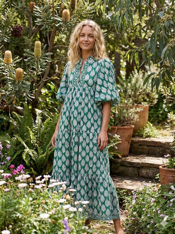 Green Leaf Block Print Cotton Midi Dress  Puffy Sleeve Boho Indian  Handmade Dress  Tiered Ruffle Kurta Style - Etsy
