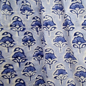 May include: Close-up of a light blue fabric with a repeating pattern of dark blue floral motifs. The flowers have a stylized design with rounded petals and stems. The fabric is slightly wrinkled, suggesting it is a soft material.
