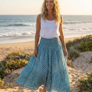 blue floral boho block printed cotton maxi skirt - indian hand block print tiered skirt - summer elastic waist skirt