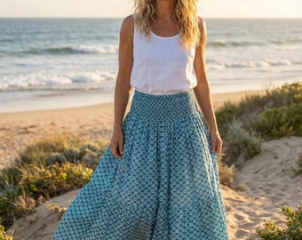 blue floral boho block printed cotton maxi skirt - indian hand block print tiered skirt - summer elastic waist skirt