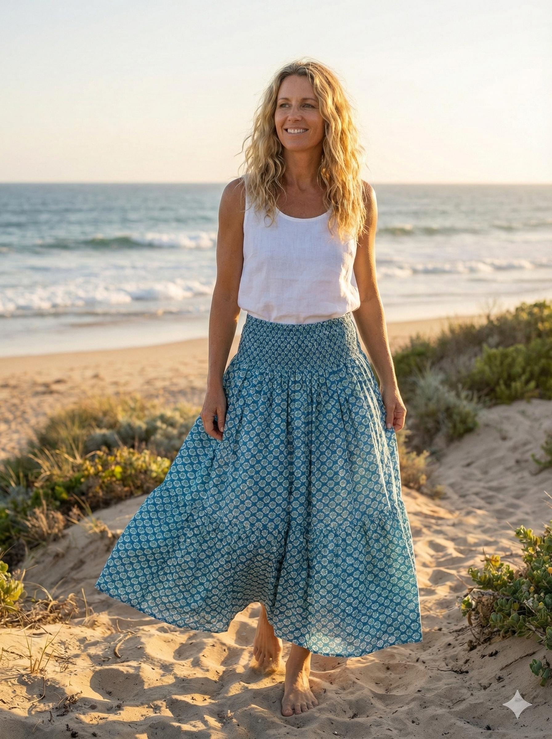 Blue Floral Boho Block Printed Cotton Maxi Skirt - Indian Hand