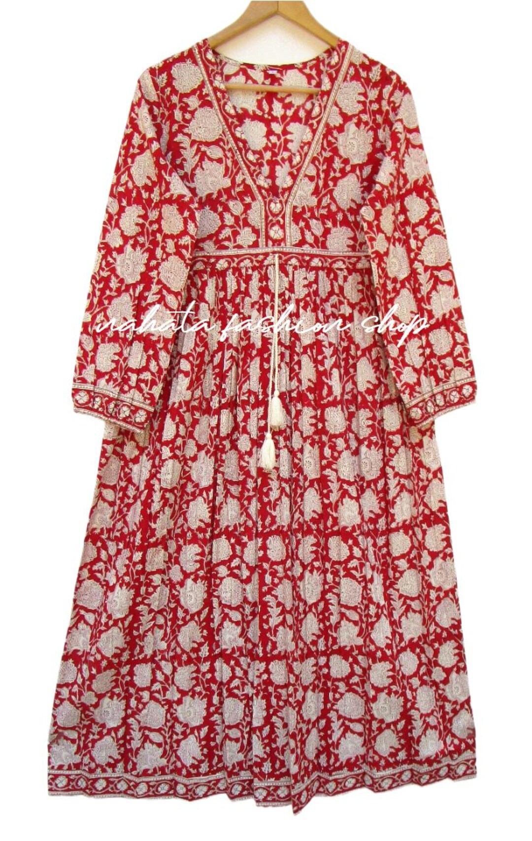 Wavlynn Bohemian Red Maxi Dress With V Neck Print For Summer Vacation And Everyday Wear