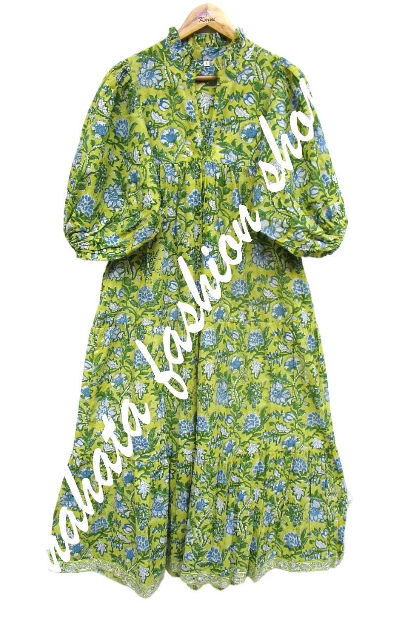 Green Blue Floral Cotton Maxi Dress - Hand Block Printed Boho Long Dress with Puff Sleeves Green Blue Floral Cotton Maxi Dress - Hand Block Printed Boho Long Dress with Puff Sleeves