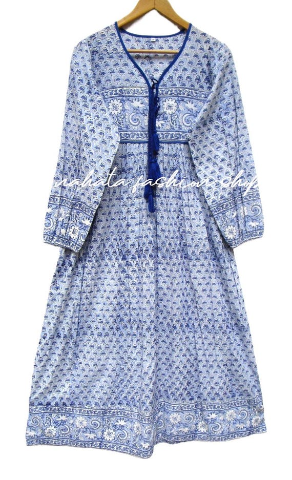 Blue Booti Cotton Dress – Hand Block Printed Indian Maxi Dress with Tassels – Boho Long Sleeve Summer Kurti – Floral Boota Dress