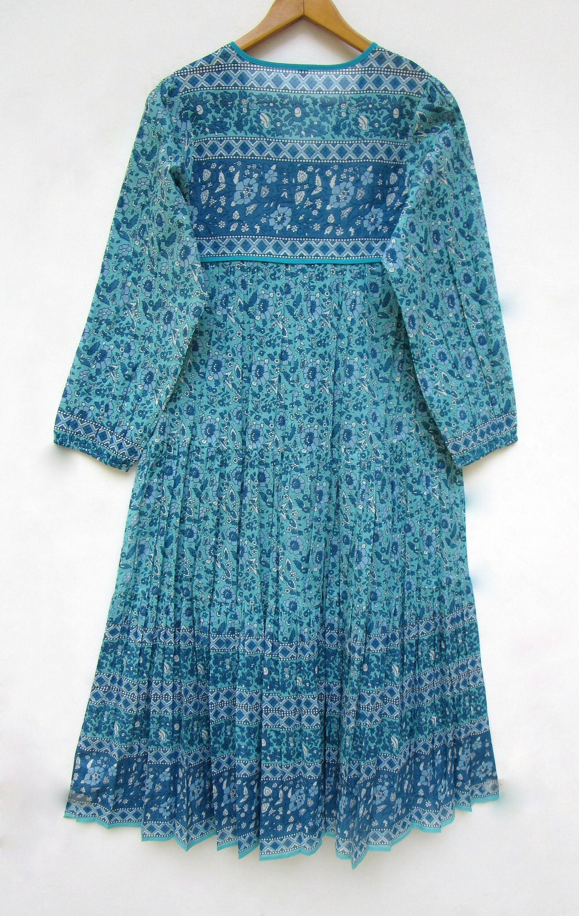 Cyan Blue Floral Printed Cotton Long Maxi Dress - V Neckline with Tassel Summer Dress - Long Sleeve Bohemian Maxi