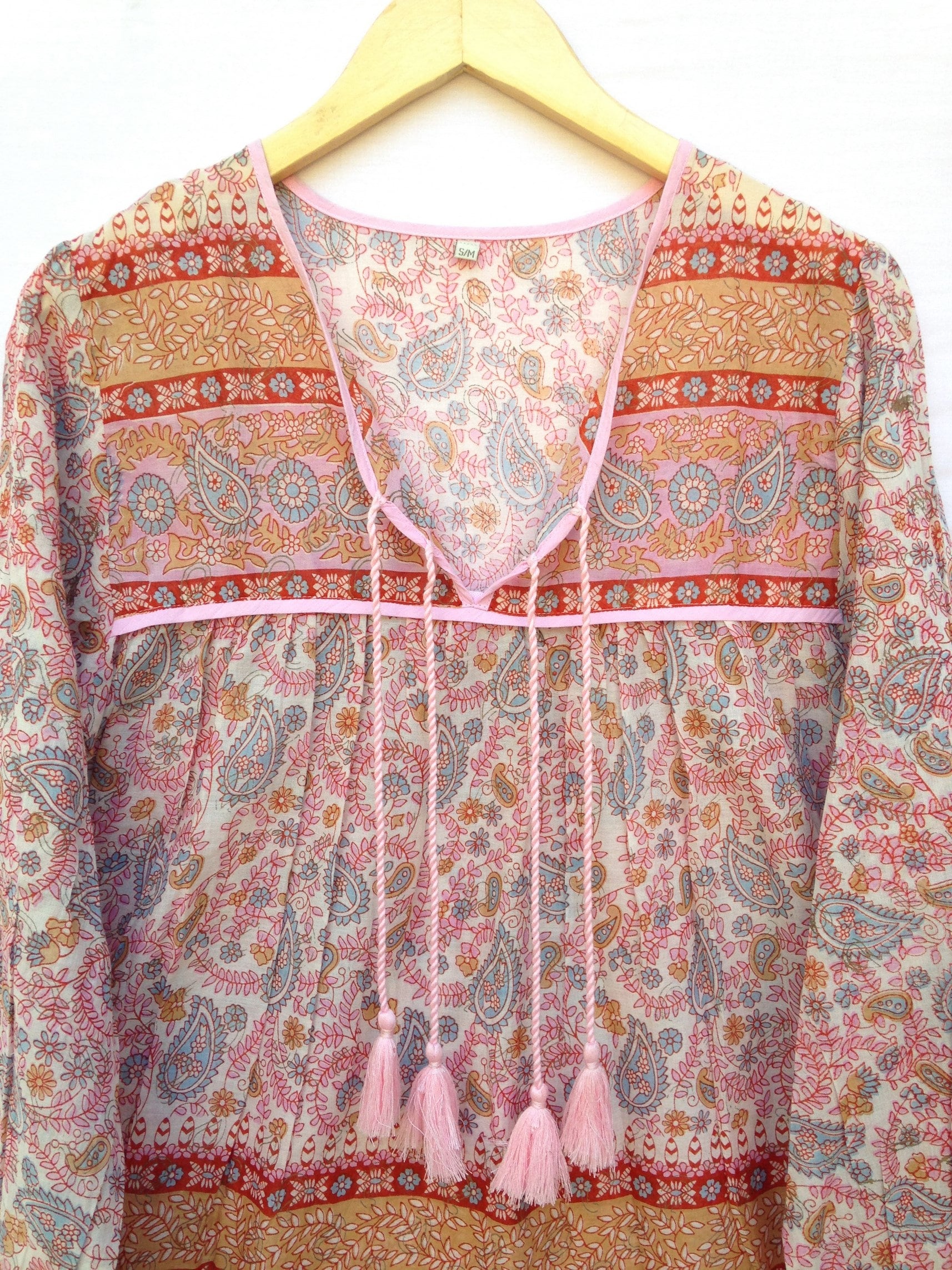 Pink Paisley Cotton Boho Summer Blouse Top Long Sleeve Etsy Australia