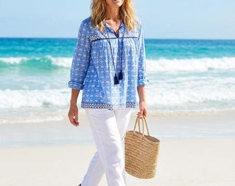 Boho Blue Block Print Tunic – Cotton Long Sleeve Top with Tassel Tie, Handmade Indian Kurti