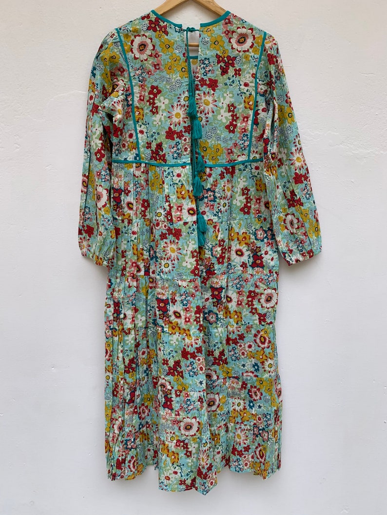 turquoise floral round neck boho long dress tie back cotton maxi dress casual summer dress hippie evening gown