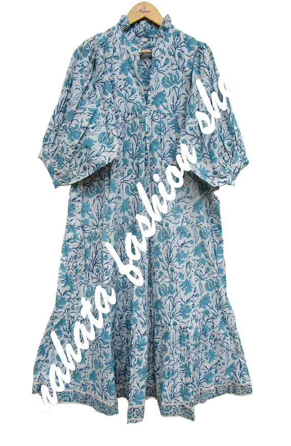 Winter Cotton Blue Gray Bell Twig Printed Maxi Dress - V Neckline Maxi Dress  - 3/4th Sleeve With Button Maxi - Etsy