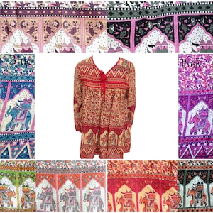 May include: A collage of images showing different color variations of a long-sleeved, loose-fitting, cotton tunic with an elephant print. The tunic has a V-neckline and a tie at the neckline. The colors shown are blue, pink, green, red, orange, and black.