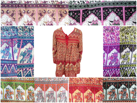 Cotton vintage animal print women's boho blouse top, summer long sleeve top tunic, V neck with tassels, multi-color, plus size blouse top