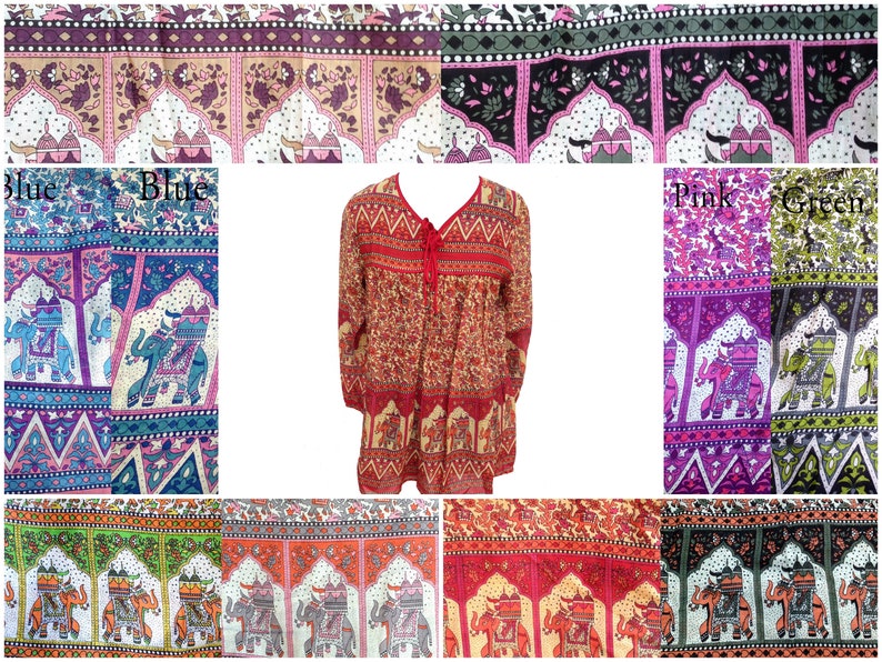 May include: A collage of images showing different color variations of a long-sleeved, loose-fitting, cotton tunic with an elephant print. The tunic has a V-neckline and a tie at the neckline. The colors shown are blue, pink, green, red, orange, and black.