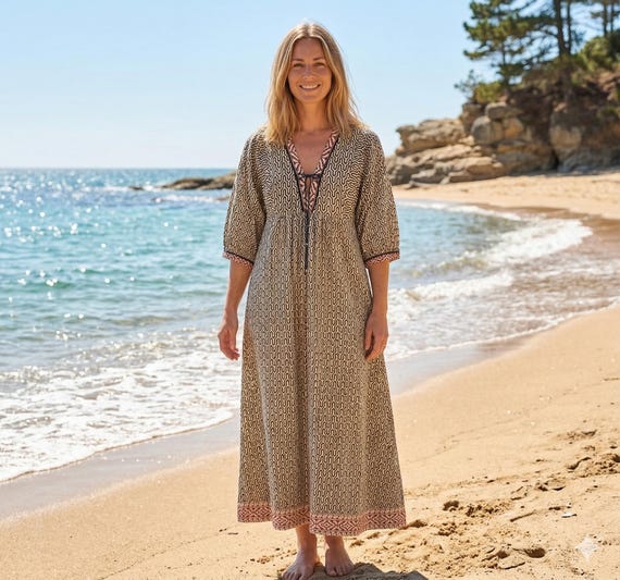 beige cotton maxi dress Geometric Hand Block Print – V-neck Boho Style easy on the earth black and red dresses Size:Us Size 18W research has shown that