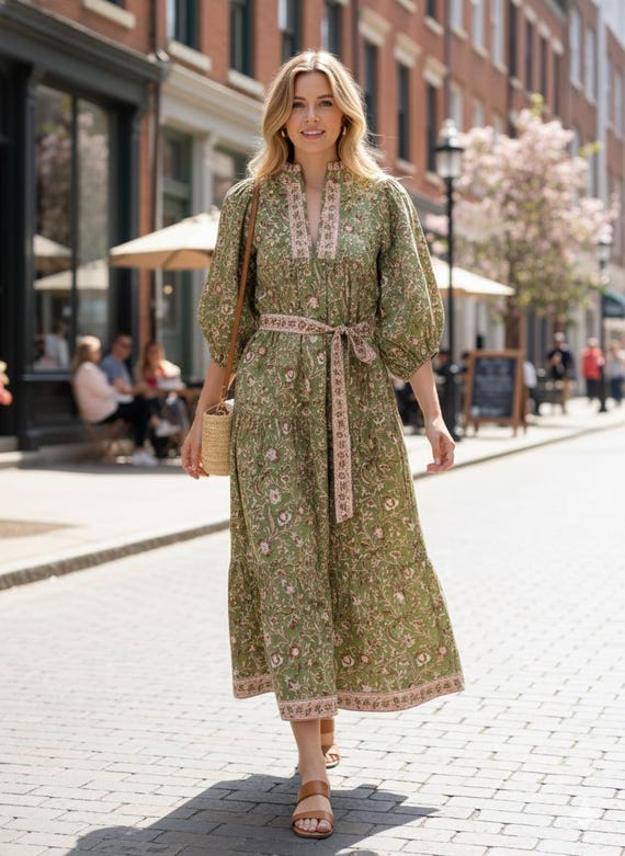 indian boho maxi dress Olive Green Floral Block Print Cotton Maxi Dress – Indian Boho Long Dress