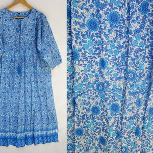 cyan blue summer cotton printed women long Elizabeth dress - Henley neckline with cotton ties summer dress - 3/4th sleeve with buttons dress