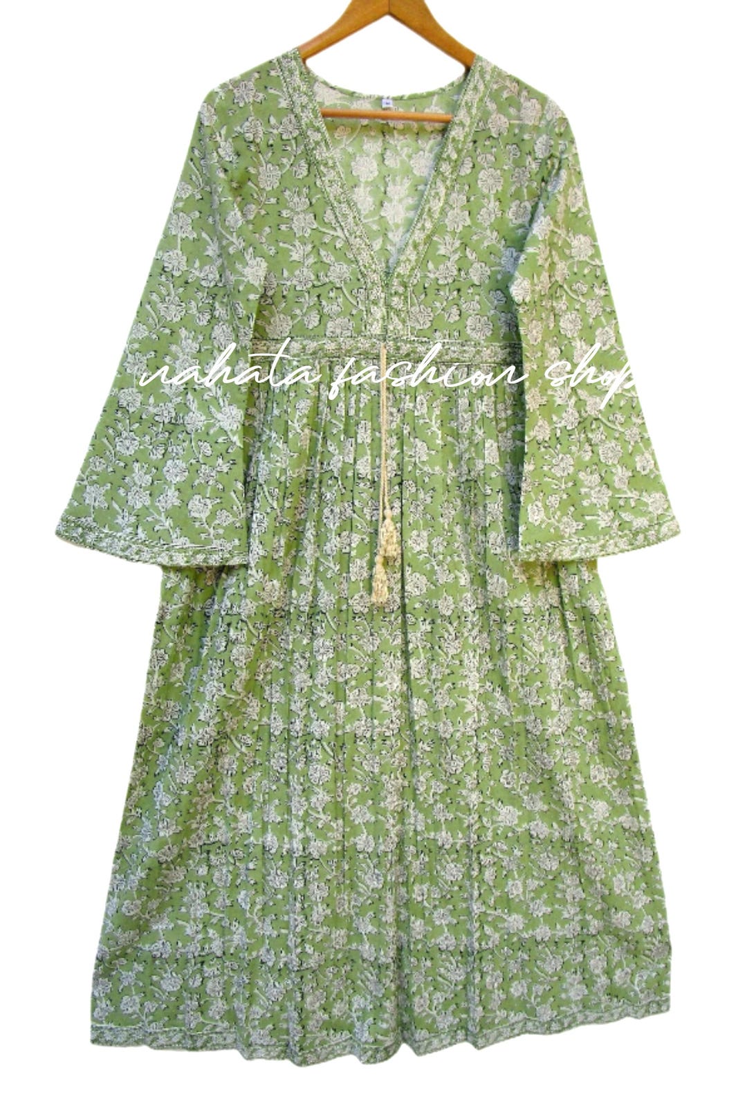 cotton floral block printed long maxi dress - summer deep v neckline with drawstring maxi - long bell sleeve boho dress