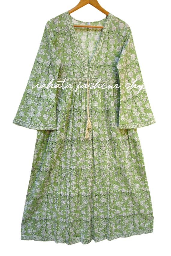 Cotton Floral Block Printed Long Maxi Dress - Summer Deep V Neckline With  Drawstring Maxi - Long Bell Sleeve Boho Dress - Etsy