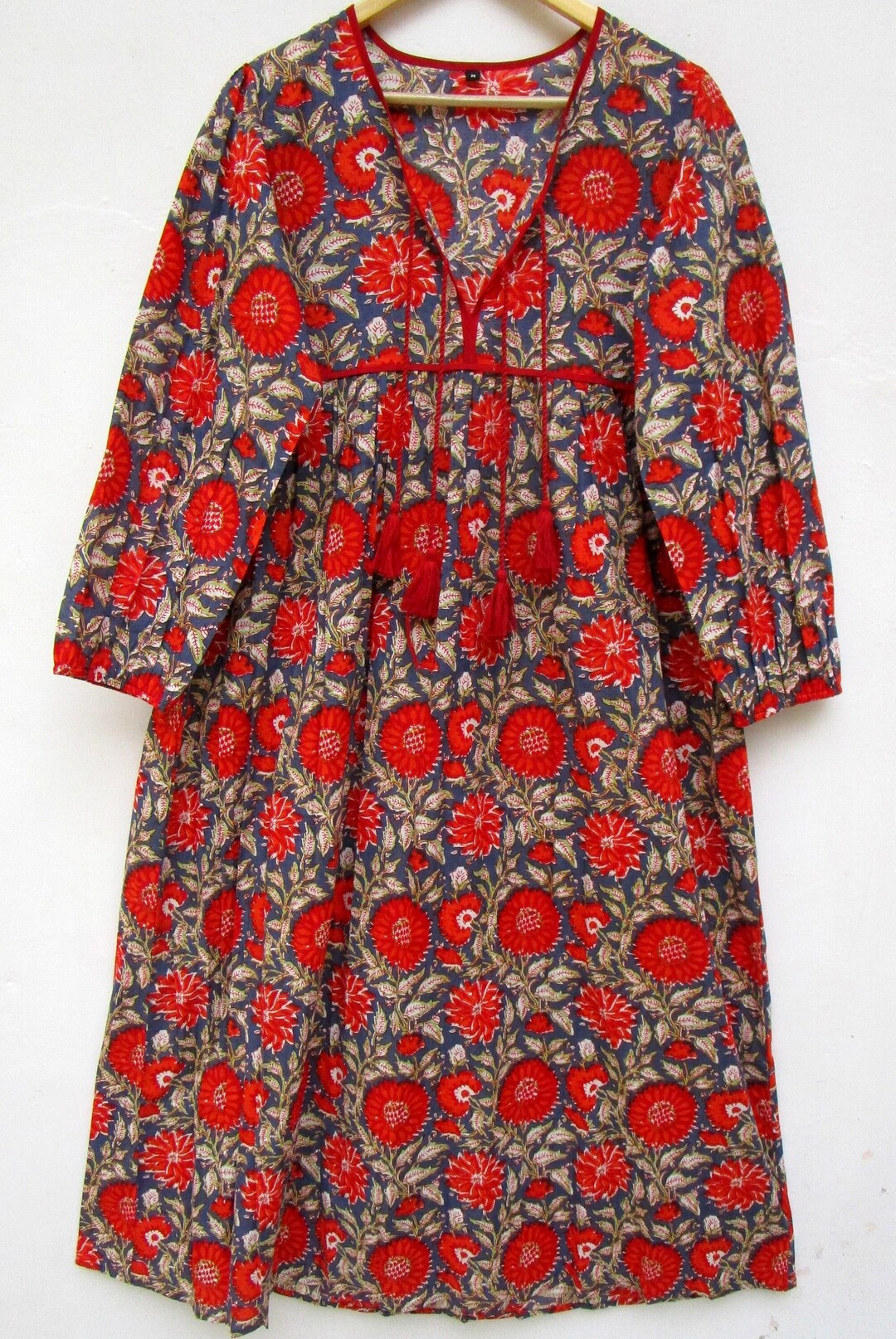 Boho Indian Red & Navy Blue Cotton V-neck Maxi Dress / Summer - Etsy