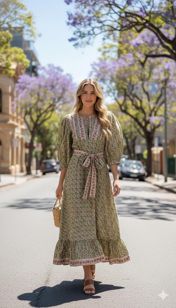 indian cotton boho dresses with sleeves Sage Green Hand Block Print Maxi Dress black wedding guest dresses you know what I Discover 38 Peridot Green Color:BluWht