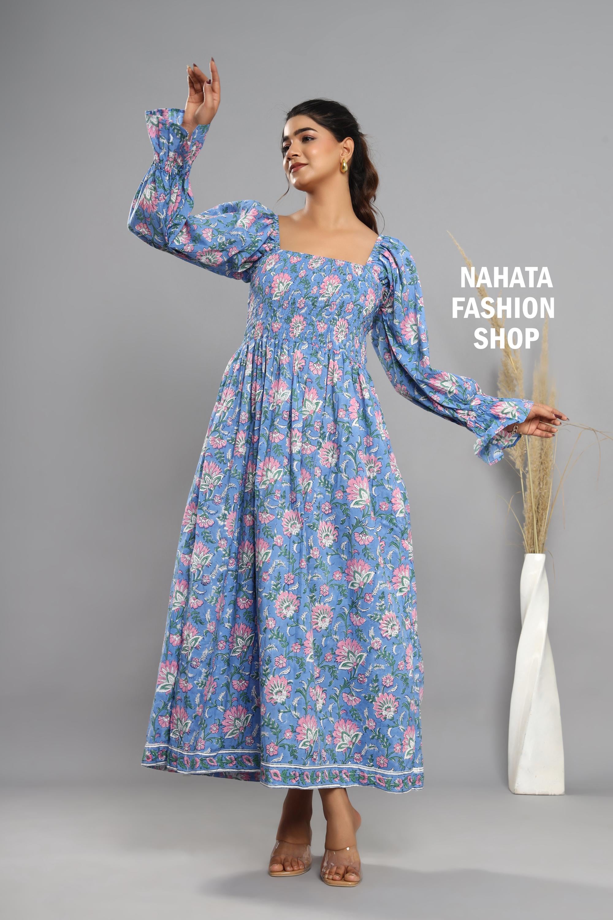 Casual Blue-pink Floral Hand Block Printed Women's Long Maxi Dress - Long  Sleeves With Square Neck Cotton Long Dress - Etsy