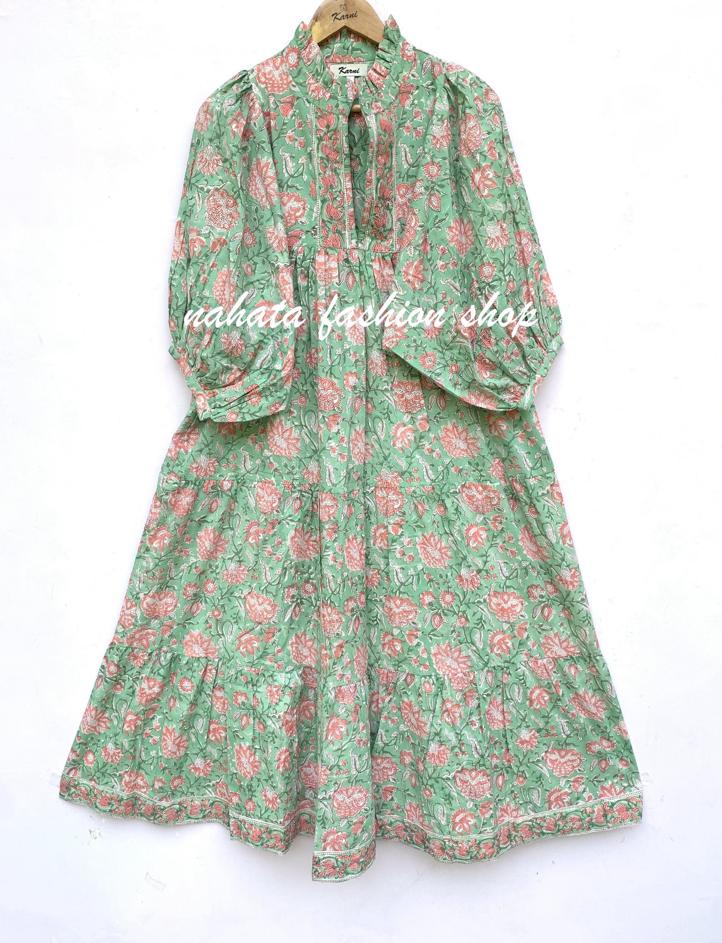 Autumn Green Pink Floral Cotton Block Printed Maxi Dress - V Neckline With  Frill Collar Bohemian Maxi - 3/4th Sleeve With Button Long Dress - Etsy  Australia