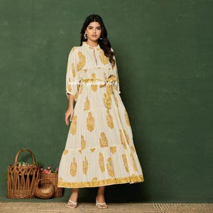 Yellow Floral Hand Block Printed Cotton Maxi Dress – 3/4 Sleeve V Neck Belted Indian Long Dress – Boho Summer Dress for Women