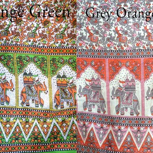 May include: Two fabric swatches with a repeating pattern of elephants and floral designs. The left swatch is orange, green, and white. The right swatch is grey, orange, and white. The text "Orange Green" is printed on the left swatch and "Grey Orange" is printed on the right swatch.