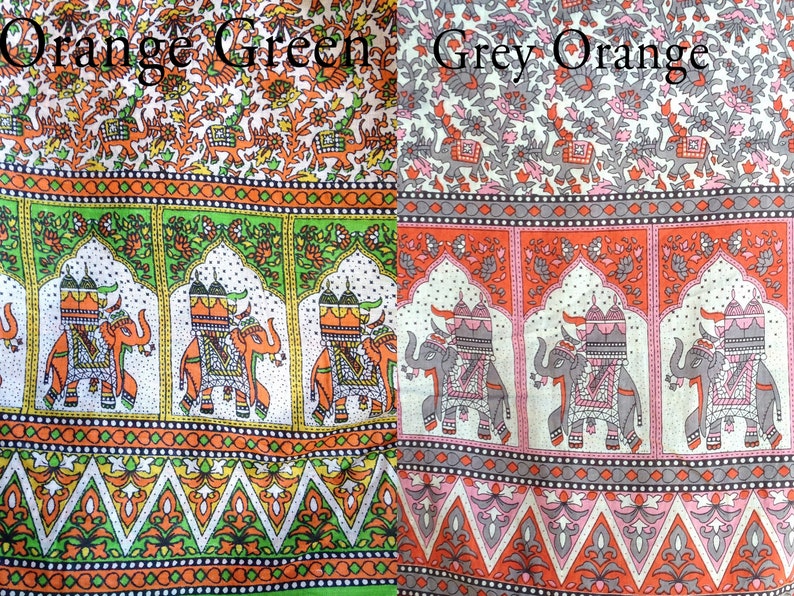 May include: Two fabric swatches with a repeating pattern of elephants and floral designs. The left swatch is orange, green, and white. The right swatch is grey, orange, and white. The text "Orange Green" is printed on the left swatch and "Grey Orange" is printed on the right swatch.
