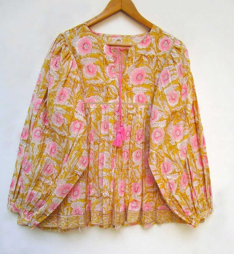 Yellow Pink Blossom Floral Printed Cotton Blouse and Tops - Etsy