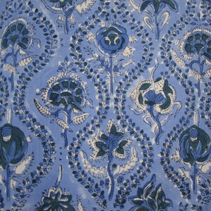 May include: A blue fabric with a white and blue floral pattern. The pattern features a variety of flowers, including roses, and leaves.