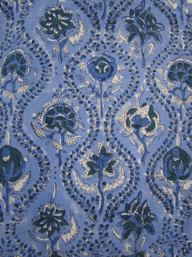 May include: A blue fabric with a white and blue floral pattern. The pattern features a variety of flowers, including roses, and leaves.