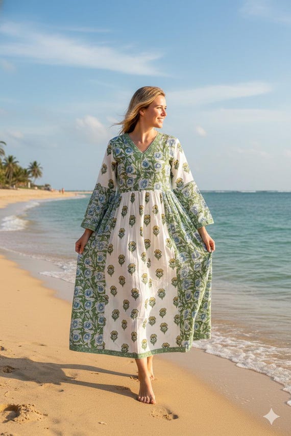 cotton boho dresses with sleeves Green & White Floral Hand Block Printed Maxi Dress Online Clothing Store. YCRF_farmhouse-storage 7-sequin dress- new years Size-US:18