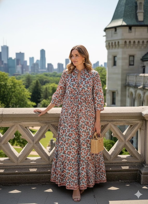 Red Floral Cotton Maxi Dress – Button Front Boho Tiered Dress – Long Sleeve Hand Block Printed Dress
