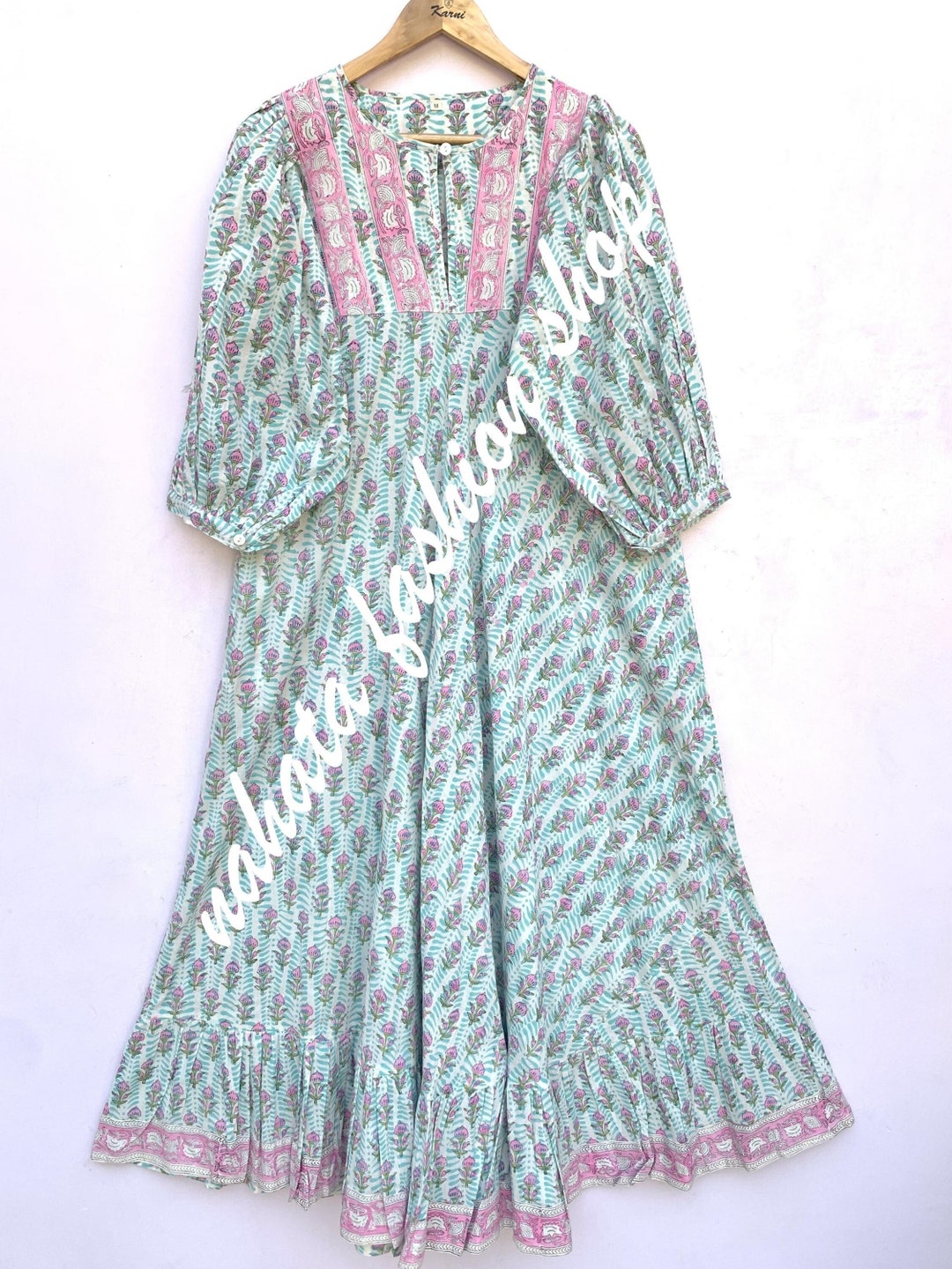 pink blue multi floral block printed women's maxi dress main image 1