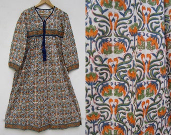 orange floral trap printed women long maxi dress  - v neckline with tassel maxi dress - long sleeve summer bohemian maxi dress