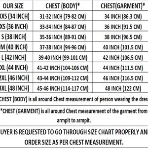 May include: A size chart with measurements in inches and centimeters. The chart includes sizes from XXS (34 inch chest) to 3XL (48 inch chest), detailing body and garment chest measurements. Text advises buyers to review the chart for accurate sizing.