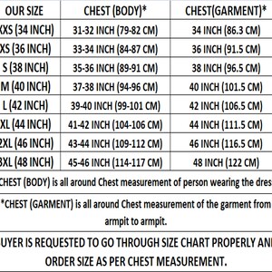 May include: Size chart for clothing with measurements in inches and centimeters. The chart shows chest measurements for both the body and the garment. The chart includes sizes from XXS to 3XL.