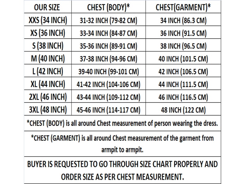 May include: Size chart for clothing with measurements in inches and centimeters. The chart shows chest measurements for both the body and the garment. The chart includes sizes from XXS to 3XL.