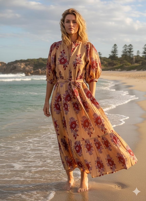Peach & Rose Floral Block Print Cotton Maxi Dress – Handcrafted Boho Tiered Dress