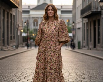 Floral Hand Block Printed Cotton Maxi Dress – 3-4th Sleeve Tiered Boho Dress