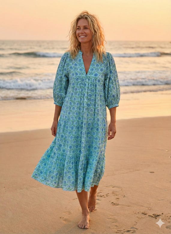 Indian Green-Blue Floral Hand Block Printed Women's Maxi Dress - Frill Collar with Belt Cotton Long Dress