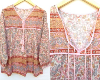 Pink paisley cotton boho summer blouse top long sleeve women's girls | Vintage print hot tunic top | plus size available