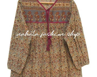 stylish floral printed cotton blouse and tops - v neckline with tassel Indian wear blouse - long sleeve boho tunics