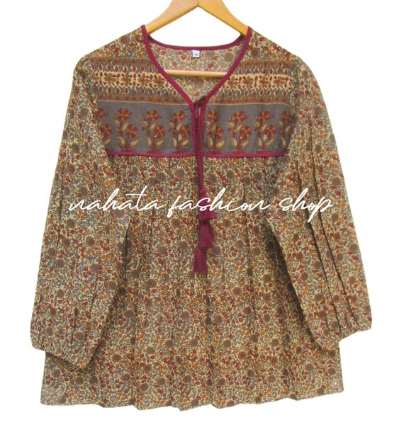 stylish floral printed cotton blouse and tops - v neckline with tassel Indian wear blouse - long sleeve boho tunics